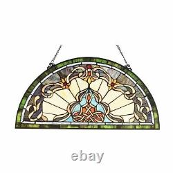 24 H Tiffany Style Victorian Stained Glass Window Panel Demi Lune Half Moon