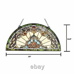 24 H Tiffany Style Victorian Stained Glass Window Panel Demi Lune Half Moon