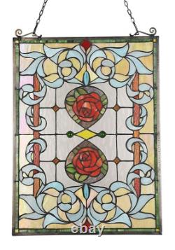 24 Red rose garden duo tiffany style stained glass hanging window panel