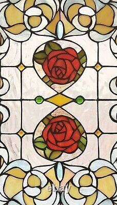 24 Red rose garden duo tiffany style stained glass hanging window panel