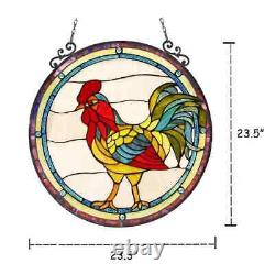 24 Stained Glass Rooster Round Window Panel Handcrafted Tiffany Style