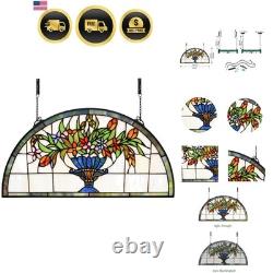 24 inch Flower Stained Glass Window Hanging Half Round Shade, 100% Real Staine