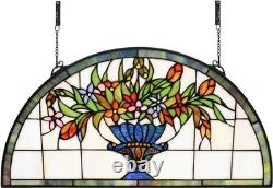 24 inch Flower Stained Glass Window Hanging Half Round Shade, 100% Real Staine