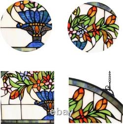 24 inch Flower Stained Glass Window Hanging Half Round Shade, 100% Real Staine