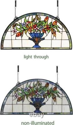 24 inch Flower Stained Glass Window Hanging Half Round Shade, 100% Real Staine