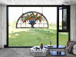 24 inch Flower Stained Glass Window Hanging Half Round Shade, 100% Real Staine