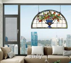 24 inch Flower Stained Glass Window Hanging Half Round Shade, 100% Real Staine