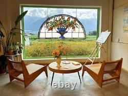 24 inch Flower Stained Glass Window Hanging Half Round Shade, 100% Real Staine