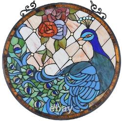 24 x 23 Peacock Princess Tiffany Style Stained Glass Round Window Panel