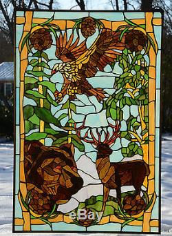 24 x 36 Bald Eagle Bear and Deer Tiffany Style stained glass window panel