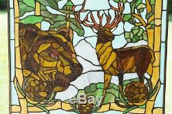 24 x 36 Bear Eagle Deer Pine Cone Handcrafted stained glass window panel