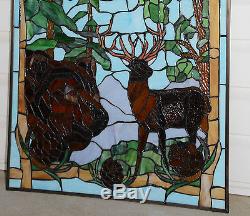 24 x 36 Bear Eagle Deer Pine Cone Handcrafted stained glass window panel