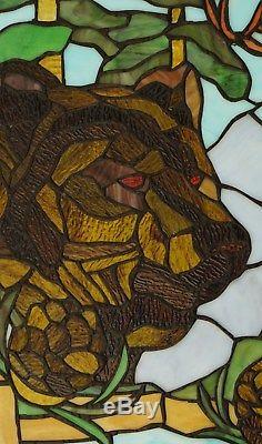 24 x 36 Bear Eagle Deer Pine Cone Tiffany Style stained glass window panel