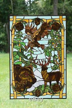24 x 36 Bear Eagle Deer Pine Cone Tiffany Style stained glass window panel
