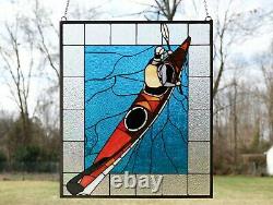 24W x 28H Handcrafted stained glass window panel boat canoe