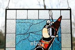 24W x 28H Handcrafted stained glass window panel boat canoe