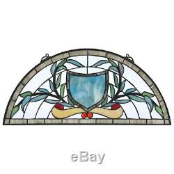 24x11 Sky Blue Coat of Arms Tiffany Style Stained Glass Half Moon Window Panel