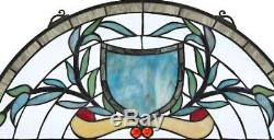 24x11 Sky Blue Coat of Arms Tiffany Style Stained Glass Half Moon Window Panel