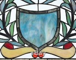 24x11 Sky Blue Coat of Arms Tiffany Style Stained Glass Half Moon Window Panel