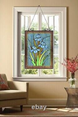 25 Vibrant Blue Floral Tiffany Style Stained Glass Window Panel With Chain