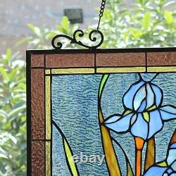 25 Vibrant Blue Floral Tiffany Style Stained Glass Window Panel With Chain