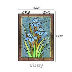 25 Vibrant Blue Floral Tiffany Style Stained Glass Window Panel With Chain