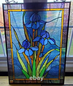 25-inch Antique Vintage Style Iris Stained Glass Window Hanging Suncatcher Panel