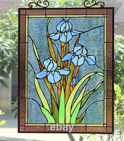 25-inch Antique Vintage Style Iris Stained Glass Window Hanging Suncatcher Panel