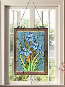 25-inch Antique Vintage Style Iris Stained Glass Window Hanging Suncatcher Panel