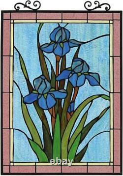 25-inch Antique Vintage Style Iris Stained Glass Window Hanging Suncatcher Panel