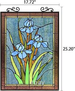 25-inch Antique Vintage Style Iris Stained Glass Window Hanging Suncatcher Panel