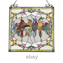 25 x 24 Tiffany style stained glass birds in line hanging window panel