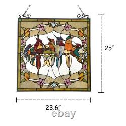 25 x 24 Tiffany style stained glass birds in line hanging window panel