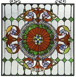 25 x 25 Victorian Tiffany Style Stained Glass Window Panel With Chain