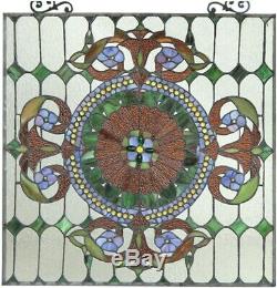 25 x 25 Victorian Tiffany Style Stained Glass Window Panel With Chain