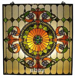 25 x 25 Victorian Tiffany Style Stained Glass Window Panel With Chain
