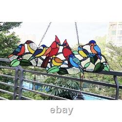 27 x 10 H Cardinal & Birds Tiffany Style Stained Glass Window Panel