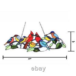 27 x 10 H Cardinal & Birds Tiffany Style Stained Glass Window Panel