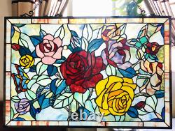 27 x 19 Victorian Rose Garden Tiffany Style Stained Glass Window Panel w Chain