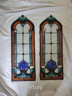 28 Tall Antique Art Nouveau Stained Leaded Glass Panels Floral PAIR