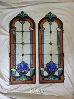 28 Tall Antique Art Nouveau Stained Leaded Glass Panels Floral PAIR