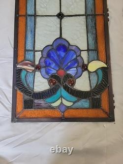 28 Tall Antique Art Nouveau Stained Leaded Glass Panels Floral PAIR
