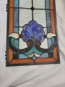 28 Tall Antique Art Nouveau Stained Leaded Glass Panels Floral PAIR