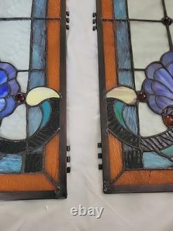 28 Tall Antique Art Nouveau Stained Leaded Glass Panels Floral PAIR