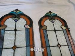 28 Tall Antique Art Nouveau Stained Leaded Glass Panels Floral PAIR