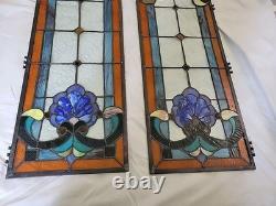 28 Tall Antique Art Nouveau Stained Leaded Glass Panels Floral PAIR