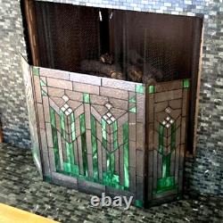 3-Panel Fireplace Screen Emerald Green Tiffany Style Stained Glass 26inTx38inW