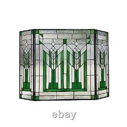 3-Panel Fireplace Screen Emerald Green Tiffany Style Stained Glass 26inTx38inW