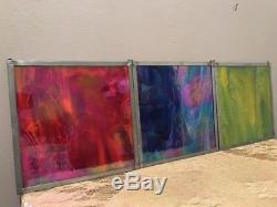 3 Vintage Solid Stained Glass Window Hanging Panels
