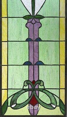 30.5 x 11 Art Nouveau Organic Rose Tiffany style Stained glass Window Panel